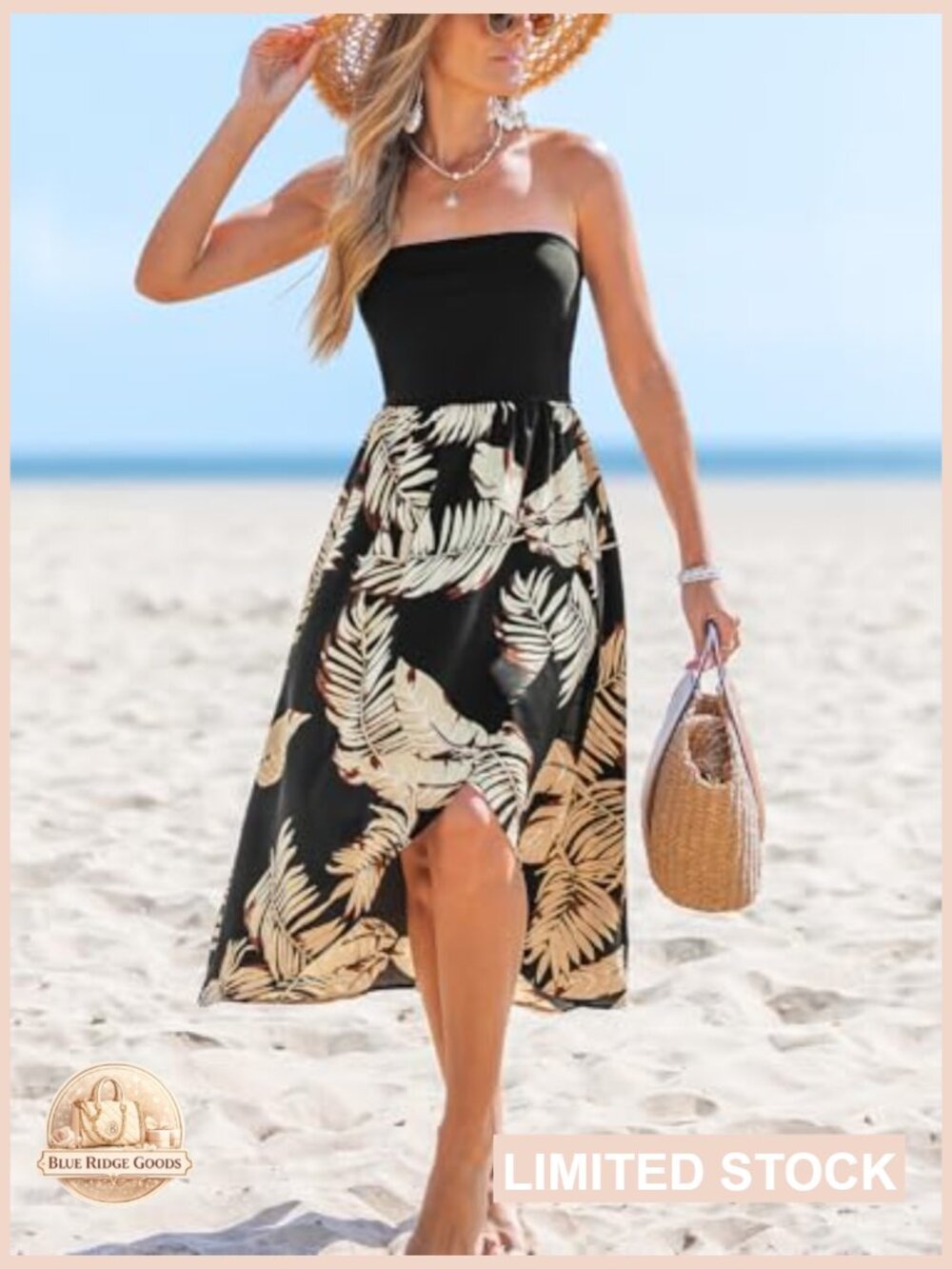 CUPSHE Women Tube Floral Midi Summer Dress Straight Neck Split Hem Tropical - Picture 4 of 6
